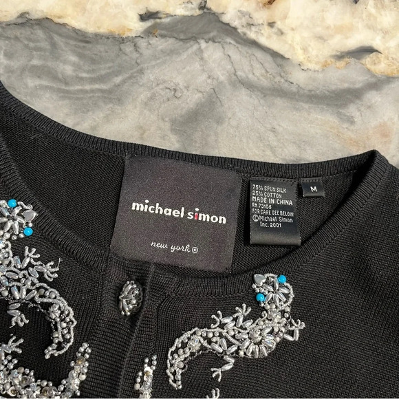 Michael Simon Silk Black Cotton Beaded Cardigan Gecko Frogs Turquoise Medium - Picture 5 of 8